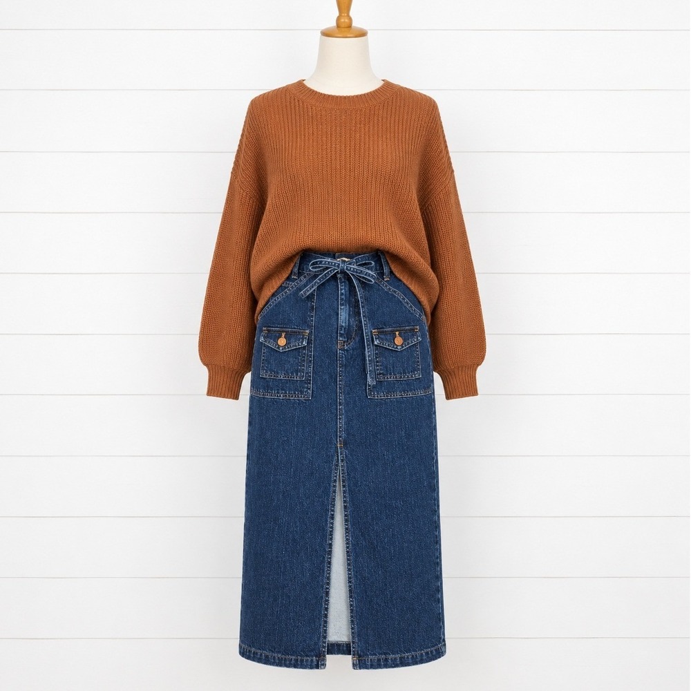 Madewell Timeline Denim Jean High Waist Pencil Midi Skirt Tie Slit Utility 27